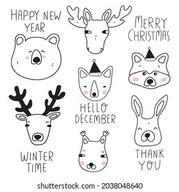 Set of cute woodland animal faces. Deer, bear, moose, raccoon, fox, squirrel, rabbit. Christmas concept. Outline vector illustrations on white background.