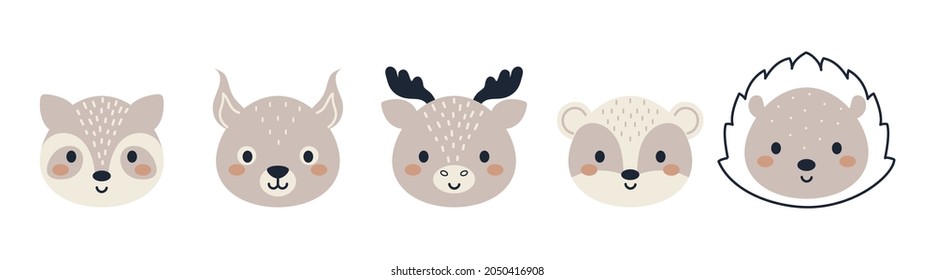 Set of cute woodland animal heads in scandinavian style. Collection funny animals characters for kids cards, baby shower, birthday invitation, house interior. Bohemian childish vector illustration.