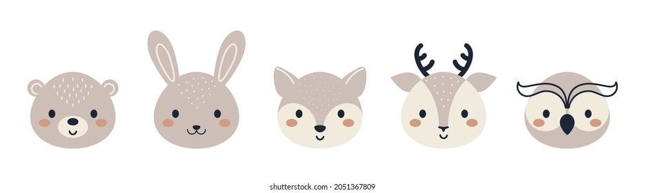 Conjunto de cabezas de animales lindas de bosque al estilo escandinavo. Colección de graciosos personajes de animales para tarjetas de niños, ducha de bebé, invitación de cumpleaños, interior de la casa. Ilustración vectorial infantil bohemia.