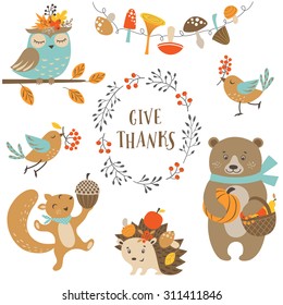 Set Of Cute Woodland Animals For Autumn And Thanksgiving Design.