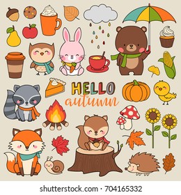 Set of cute woodland animals and autumn elements illustration.