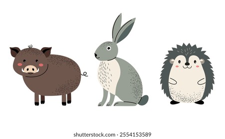 Set of cute woodland animals. Boar, hare, hedgehog.