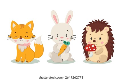 Conjunto de bonitos animais da floresta em estilo cartoon. Adorável raposa sorridente com um arco, coelho branco segurando uma cenoura, e ouriço fofo com um cogumelo vermelho. Perfeito para desenhos infantis, impressões de berçário.