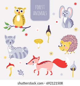 Set of cute woodland animals in cartoon style isolated on gray background.