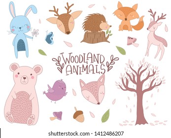 Set of cute Woodland Animals Clip art. Cute animals illustration. Vector illustration.