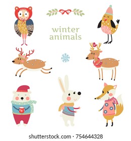 Set of cute woodland animals in clothes in winter isolated on white background.