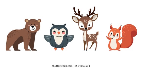 Set of cute woodland animals. Deer, bear, owl, squirrel.