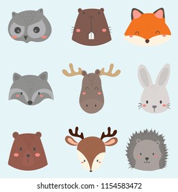 set of cute woodland animals face.