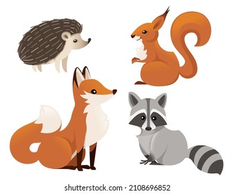 Set of cute woodland animals fox squirrel raccoon hedgehog isolated on white background