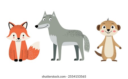 Set of cute woodland animals. Fox, wolf, meerkat.