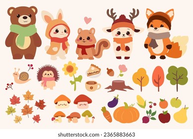A set of cute woodland animals gathered together in autumn. The animals include a fox, bear, squirrel, hedgehog, deer, and bunny.
