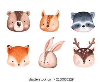 Set of Cute Woodland Animals Head Illustration