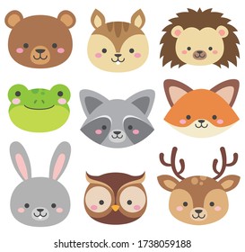 Set of cute woodland animals heads isolated on white. Forest critters graphic. Cartoon character faces are bear, rabbit, frog, squirrel, hedgehog, owl, deer, fox, raccoon. Vector illustrations.