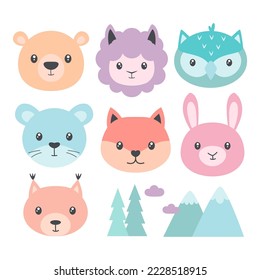 set of cute woodland animals heads isolated on white background, cartoon character faces are bear, rabbit, squirrel, owl, fox, mouse and sheep, vector illustration in flat style