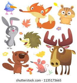 Set of cute woodland animals isolated on white background. Cartoon bird, hedgehog, beaver, bunny rabbit, chipmunk, fox, mouse and moose elk. Vector illustration