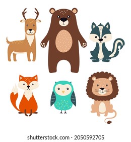set of cute woodland animals isolated on white background, vector illustration, simple design with cartoon forest animals