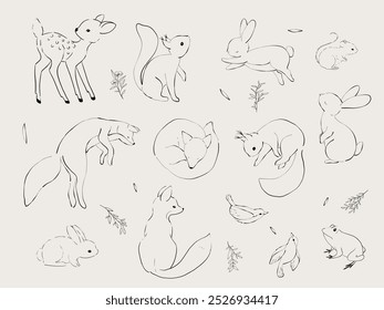 Set of cute woodland animals line art. Hand drawn deer, fox, bunny, squirrel, frog, birds, floral.  