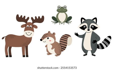 Set of cute woodland animals. Moose, chipmunk, frog, raccoon.