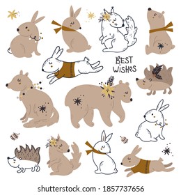 Set of cute woodland animals packing with Christmas decorations. Vector illustration for greeting cards, christmas invitations and scrapbooking