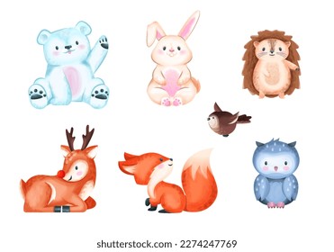 Set of Cute Woodland Animals. Stickers with fox, polar bear, fluffy rabbit, reindeer, owl and hedgehog. Design elements for baby clothes. Cartoon flat vector collection isolated on white background