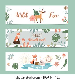 Set of cute woodland with deer,fox,mushroom.Vector illustration for baby invitation, kid birthday invitation,banner and postcard