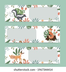 Set of cute woodland with deer,fox,mushroom.Vector illustration for baby invitation, kid birthday invitation,banner and postcard