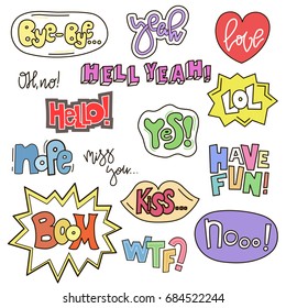 Set of cute words in doodle style. Cartoon speech bubble collection. Handdrawn comic design. Vector badges and patches collection