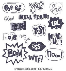 Set of cute words in doodle style. Cartoon speech bubble collection. Handdrawn comic design. Vector badges and patches collection
