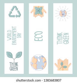 Set of cute World Environment Day bookmarks, flyers or greeting cards templates with recycle sign, hands, plants, planet Earth and text samples. Flat linear style illustration. Vector.