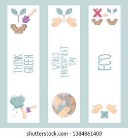 Set of cute World Environment Day bookmarks, flyers or greeting cards templates with recycle sign, hands, plants, planet Earth and text samples. Flat linear style illustration. Vector.