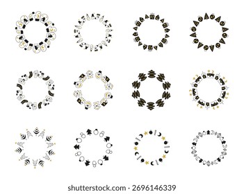 Set of cute wreath with Christmas elements isolated on white background. New year circle frame with celestial icons.