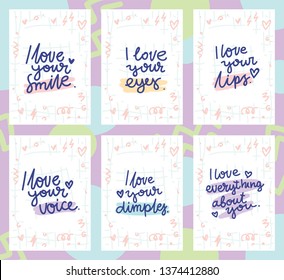 Set of cute written love cards with doodles and ink style text. I love your smile. Hand drawn illustration in cartoon style