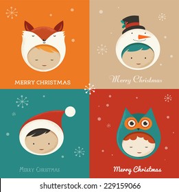 Set of cute Xmas Cards. Sweet hipster design greetings and background with kids