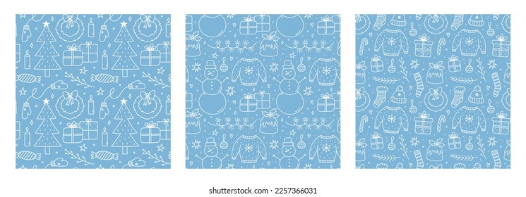 Set of cute xmas seamless patterns with doodles on blue background. Christmas trees, snowmen, gifts, garlands and other. Vector hand-drawn illustration. Perfect for wrapping paper, decorations, print.