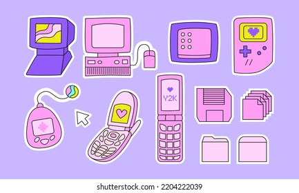 Set of cute y2k girly stickers in retrowave aesthetic. Old computer, flip phones, tamagotchi, gamepad, folder and document icons. Vector illustration in 90s, 00s nostalgia style