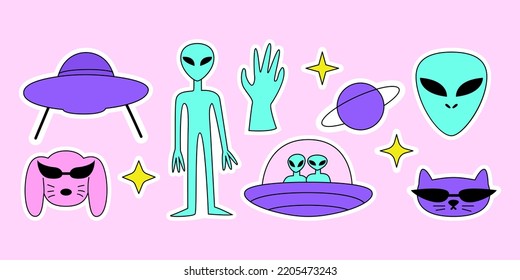 Set of cute y2k stickers on isolated background. Alien, ufo ship, cat and dog in futuristic sunglasses and stars. Vector illustration in 90s, 00s nostalgia style.