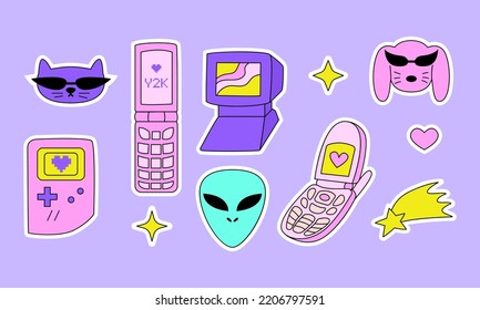 Set of cute y2k stickers in retrowave aesthetic. Alien, retro computer, flip phones, cat, dog and stars. Vector illustration in 90s, 00s nostalgia style