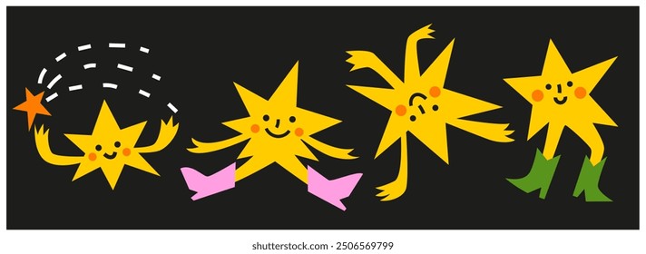 Conjunto de lindas estrellas de dibujos animados abstractos amarillos. Ilustración vectorial dibujada a mano. Diseño infantil ingenuo. Personaje cómico divertido, cartel de los niños, tarjeta, Anuncio de redes sociales.