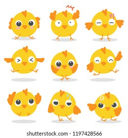 Conjunto de pájaros Cute amarillos colección de juego de acción de pollos bebé en diferentes poses caricaturas personaje de diseño plano vector sobre fondo blanco.