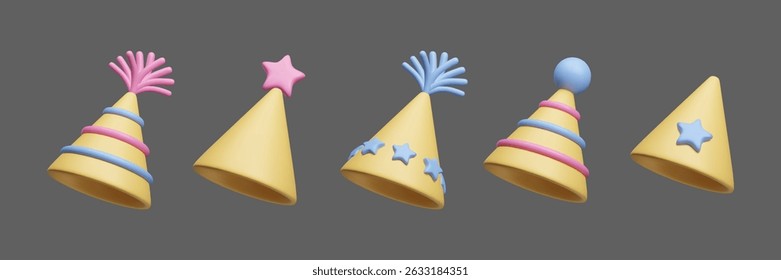 Set of cute yellow birthday triangle conic hats vector icon set. 3D surprise party striped hats, happy birthday caps with stars and tassels isolated on dark background. Festive celebration decor set.