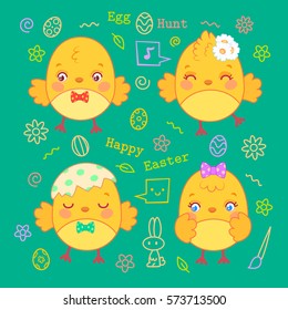 Set of cute yellow chicks for easter cards, party decoration, prints. Illustration for kids with little chickens boys and girls. Line art icons of eggs, flowers and bunny
