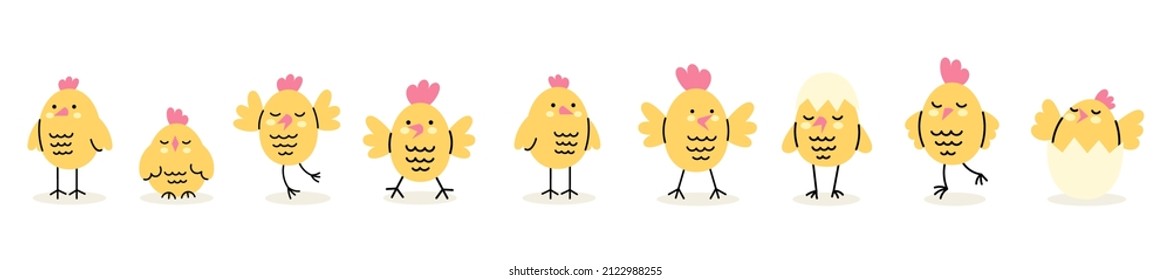 Set of cute yellow chicks. Farm animals. Funny holiday kids characters. Hand drawn vector cute illustration