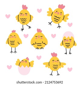 Set of cute yellow chicks. Farm animals. Funny holiday kids characters. Hand drawn vector cute illustration
