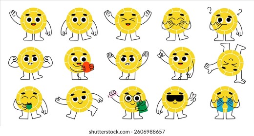 Set of cute yellow coin characters with various emotions and gestures. Gold money greeting, laughing, thinking, flexing, drinking. Perfect for stickers, animation, apps. Flat cartoon illustrations