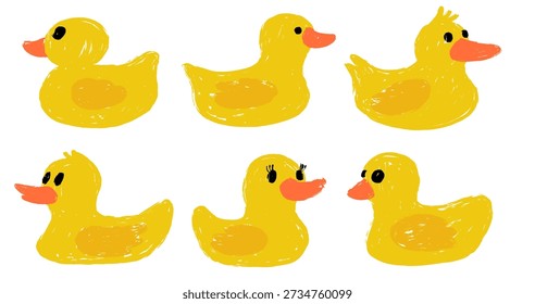 Set of cute yellow duck chick illustration isolated on white background. The duck is painted with a brush. Adorable yellow ducklings in different poses, perfect for children's. Funny yellow chickens.