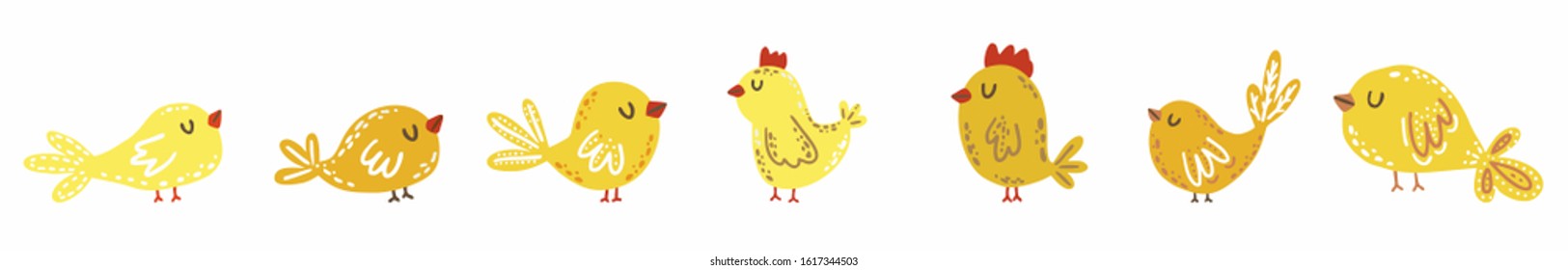 Set of cute, yellow, fluffy easter chickens, hens and roosters isolated on white background vector. illustration of poultry.  