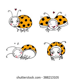 Set of cute yellow ladybugs. Hand drawing isolated objects on white background. Vector illustration. 
