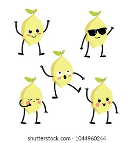 Set of cute yellow lemons icons, emotions, smileys face vector