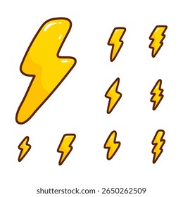 Set of cute yellow lightning bolt icons in cartoon style. Suitable for energy, weather, or electric-themed designs.