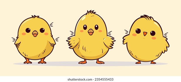 Set of cute yellow little cartoon chick isolated on background. Funny farm bird design, cartoon or comic style, logo, card. Vector Illustartion. Hand drawn. Funny characters. 